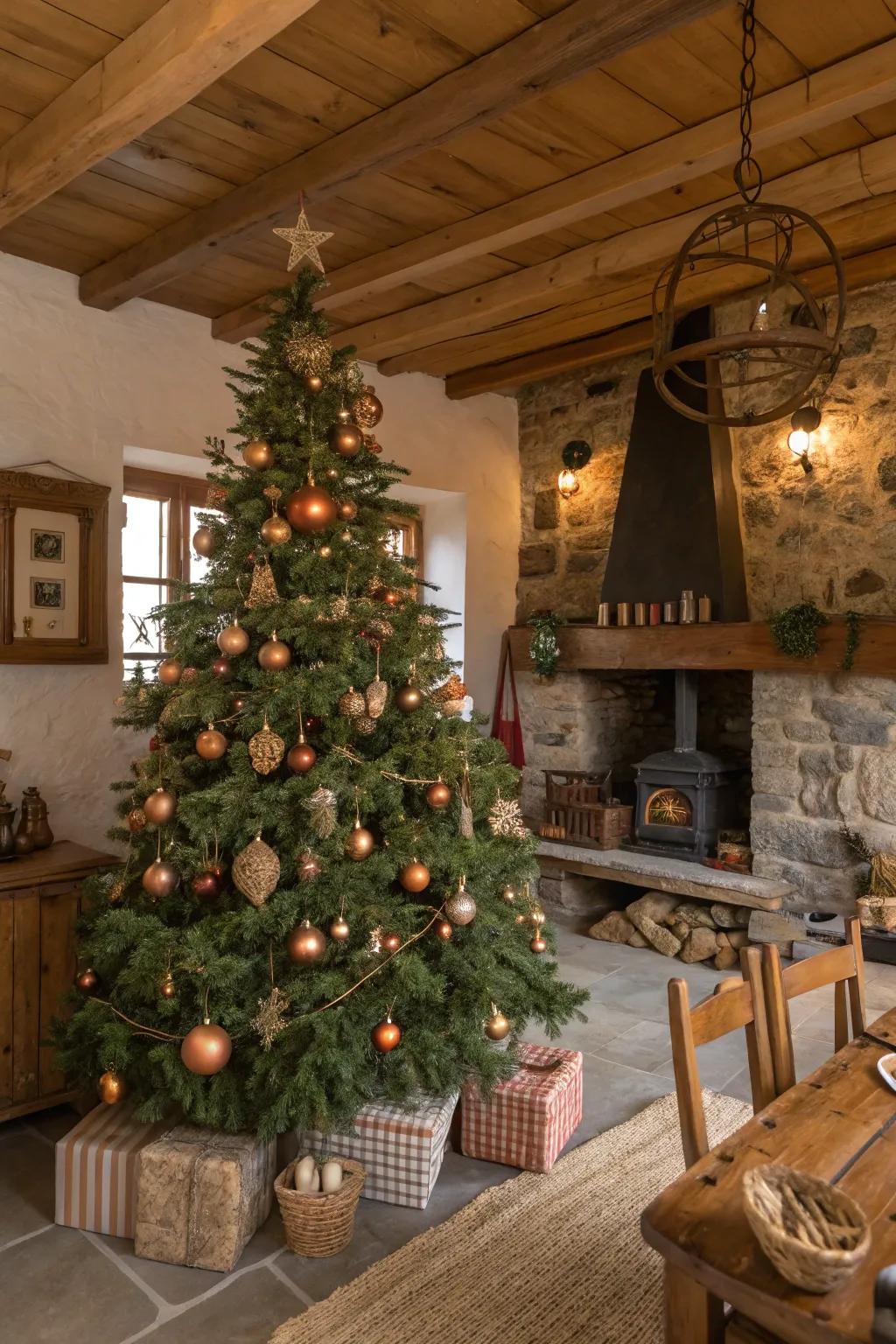 Copper and bronze ornaments add a subtle shine to this farmhouse tree.