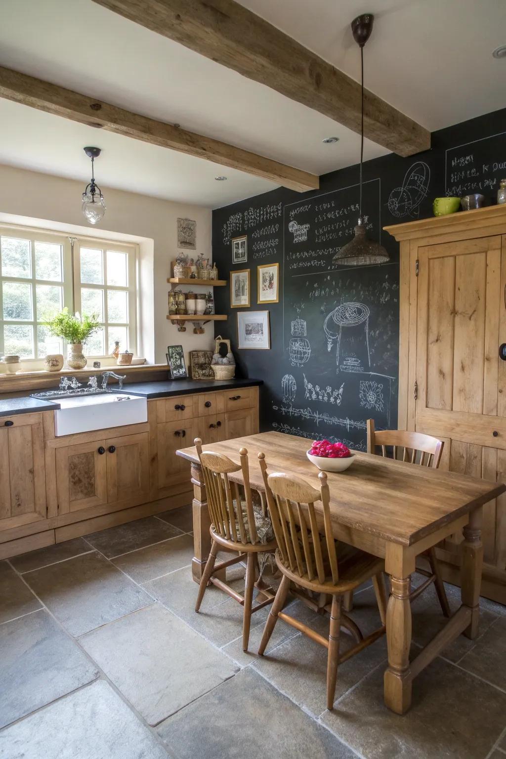 A farmhouse kitchen with a functional chalkboard paint backsplash.