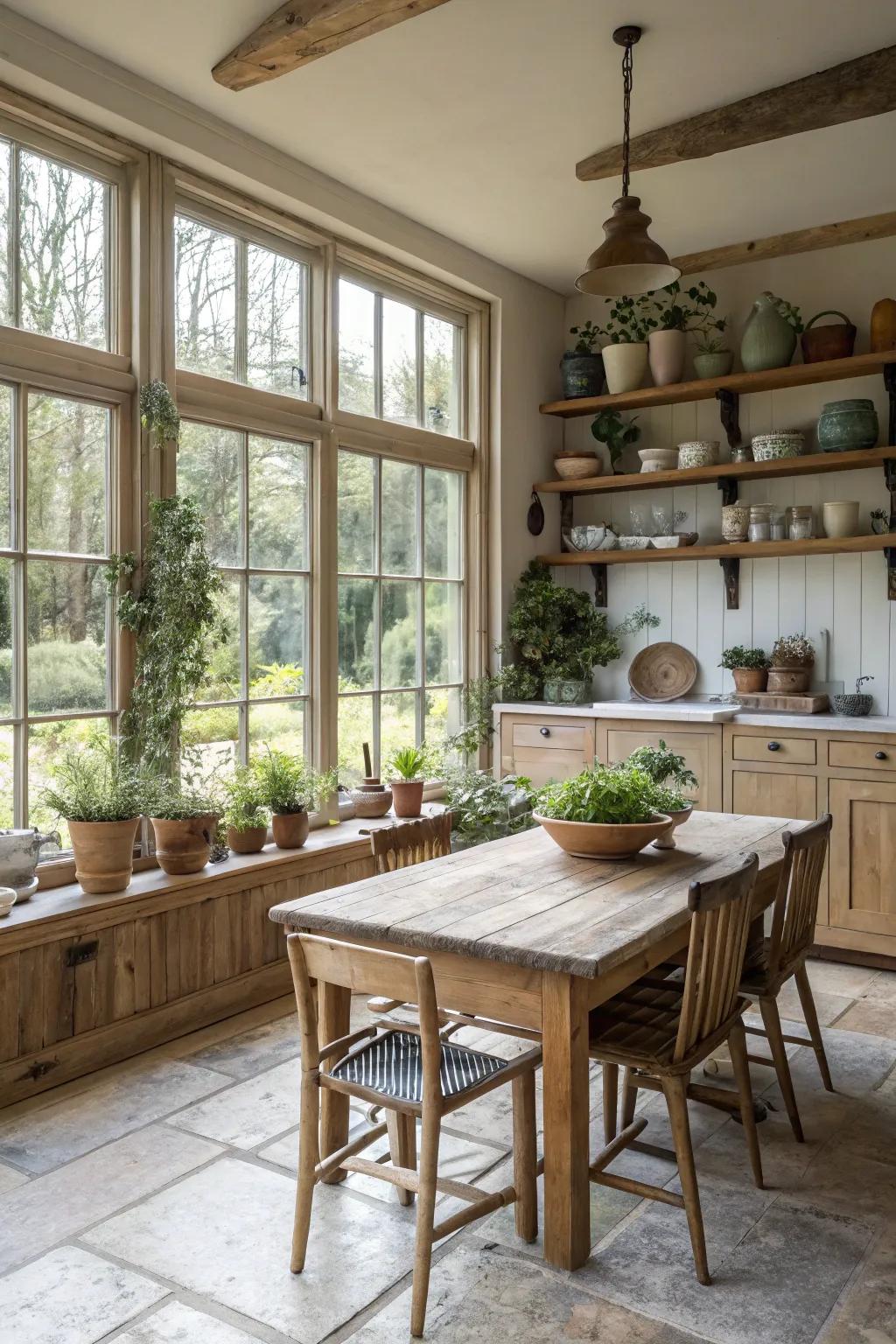 A farmhouse kitchen flooded with natural light from large windows.