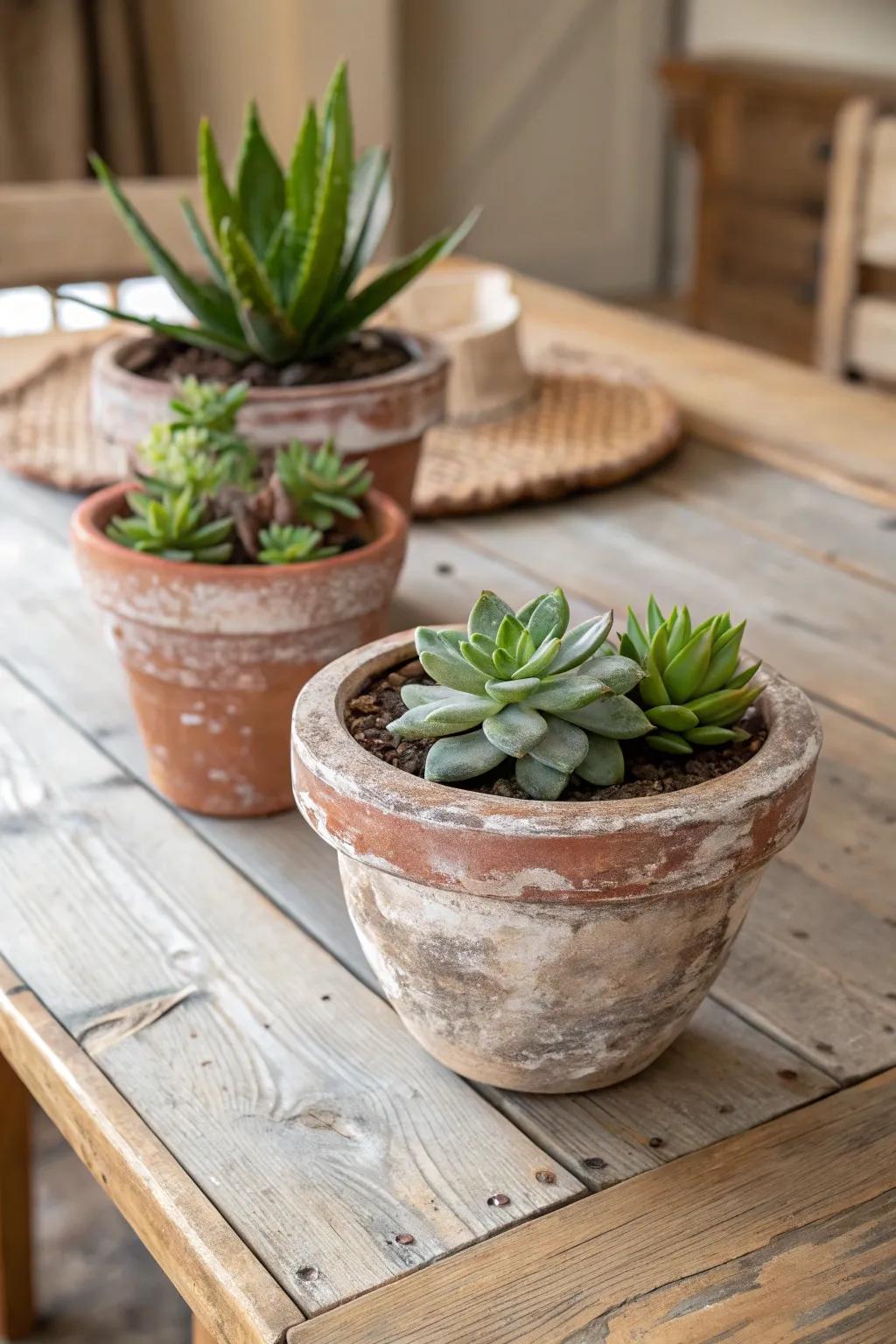 Rustic clay pots filled with succulents add charm and color effortlessly.