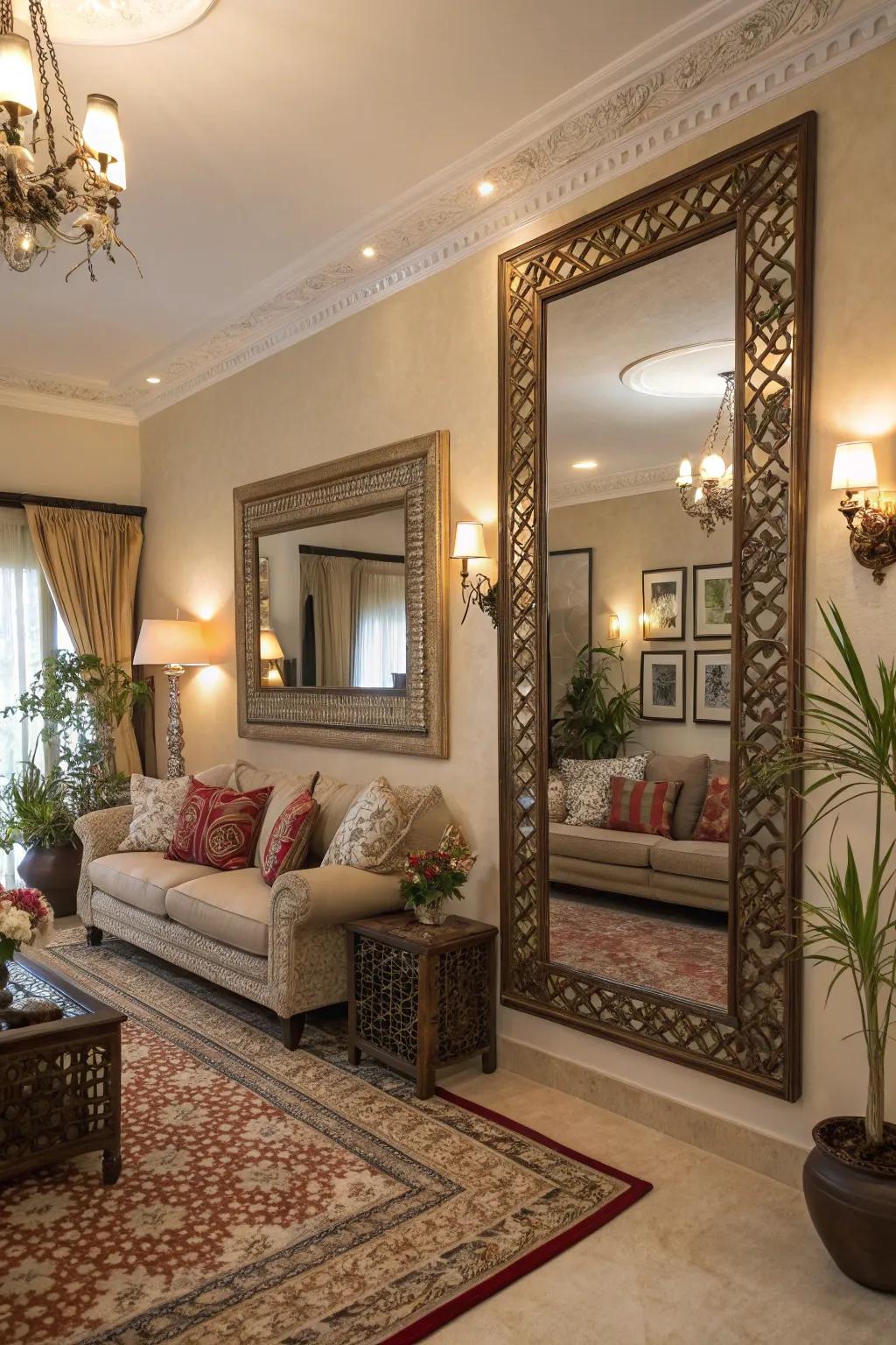 Decorative mirrors enhancing the space and light in the living room.