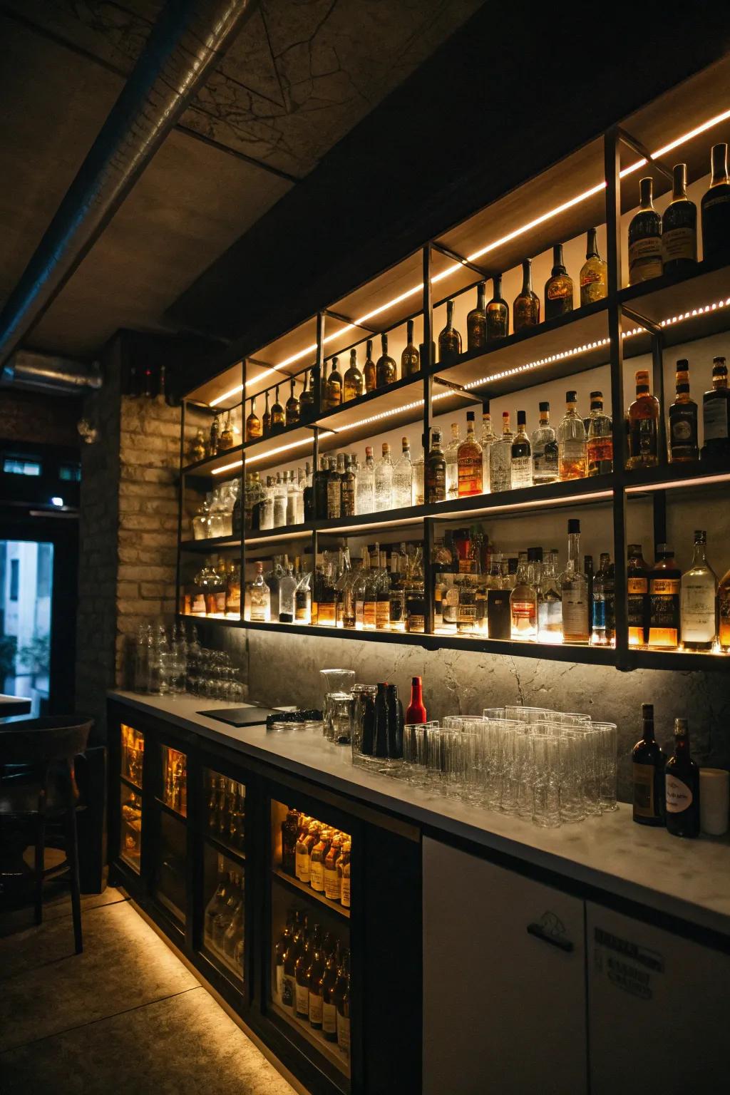 Create a dazzling display with glam lit shelves in your basement bar.