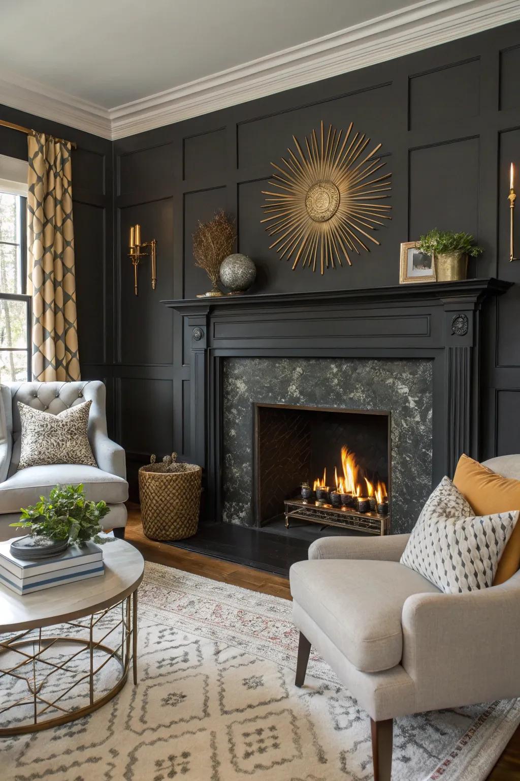 A stylish living room featuring a fireplace with a bold painted surround.