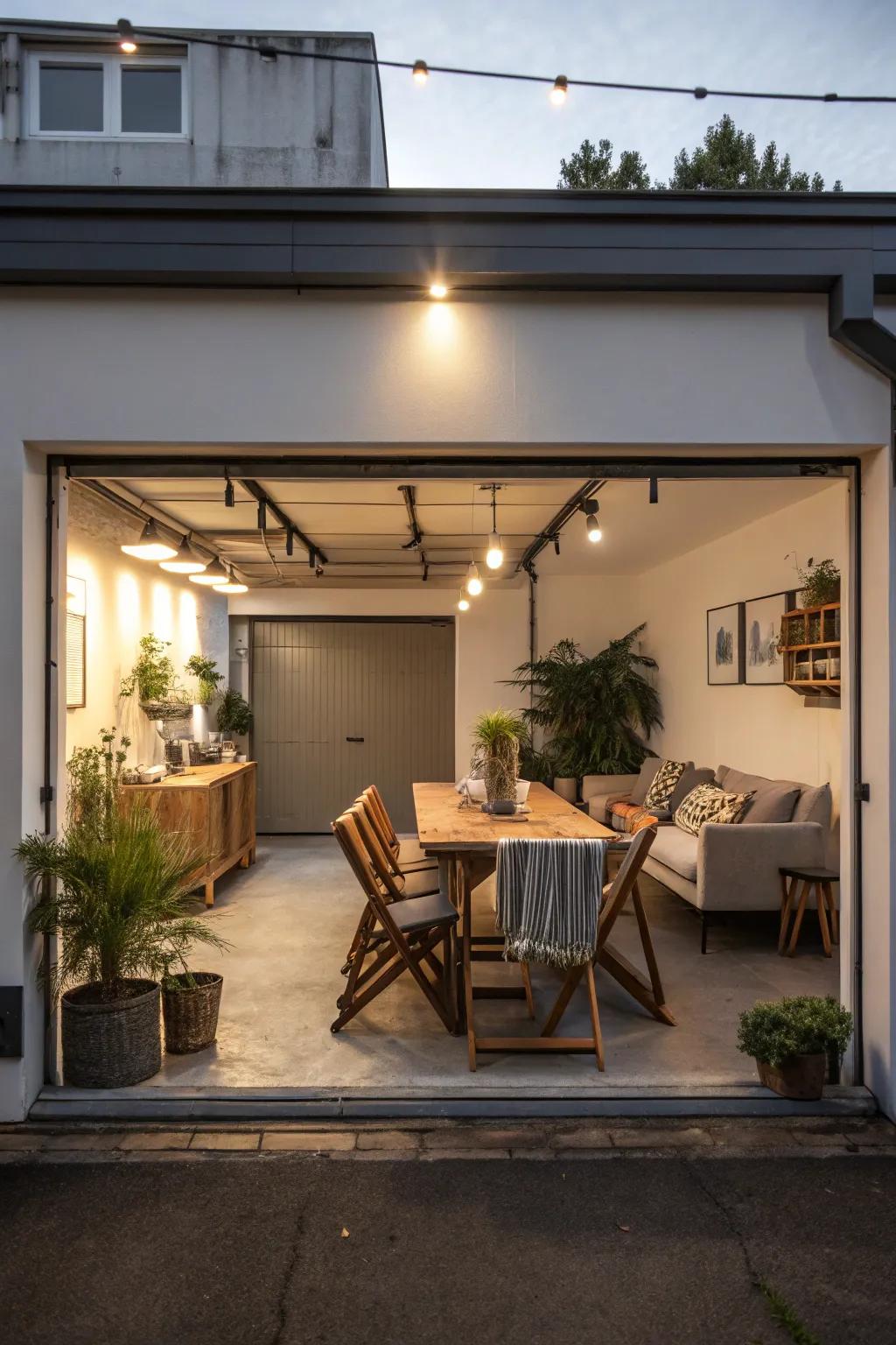 A rooftop dining area on a flat roof garage enhances outdoor living.