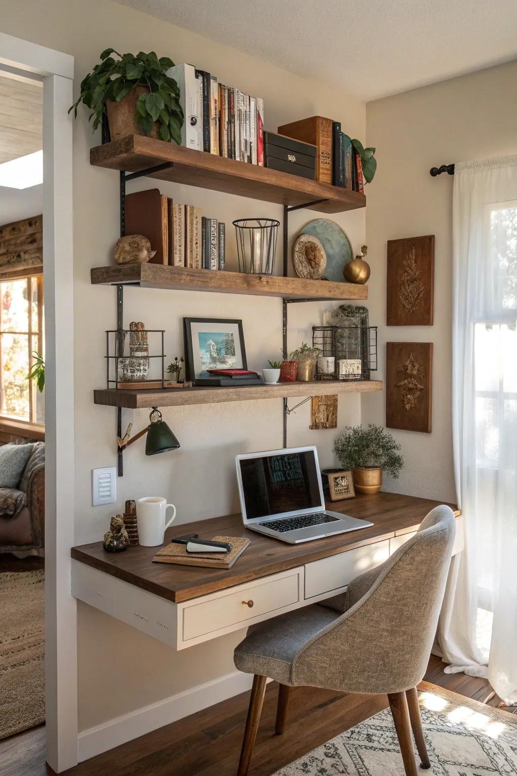 Vintage decor on shelves adds a nostalgic touch to your workspace.