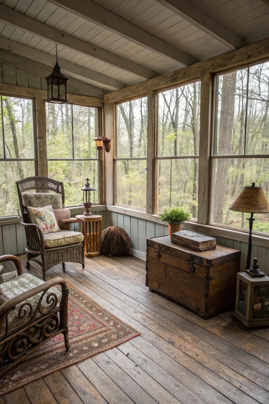 Reclaimed wood flooring adds character and sustainability to this room.