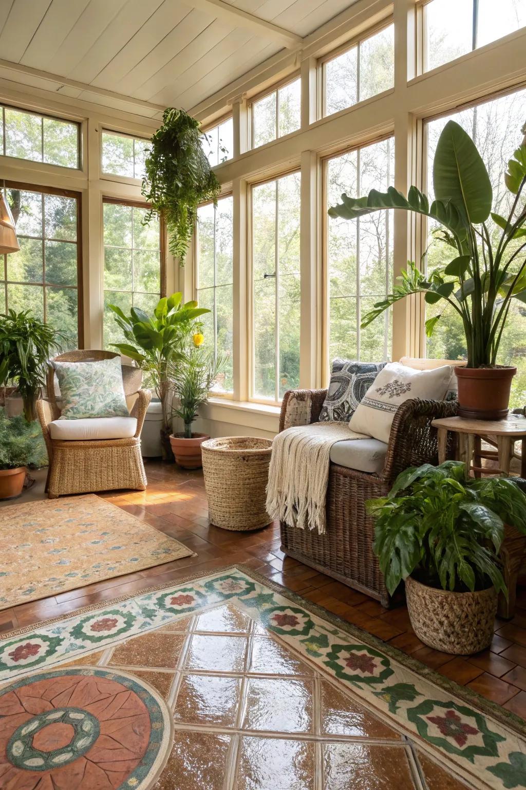 Sustainable sunroom with recycled material flooring.