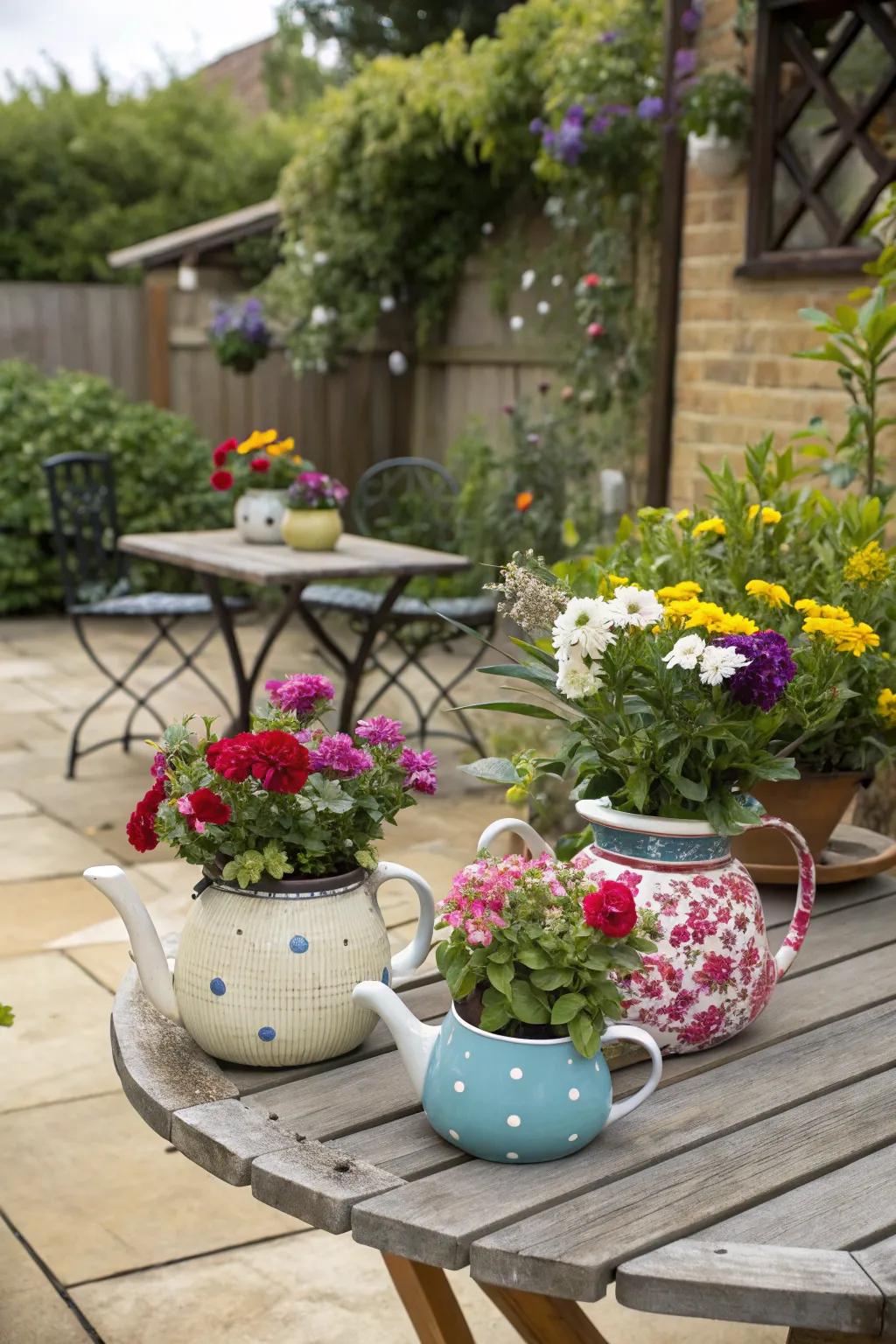 Add a whimsical twist with tea kettle planters.