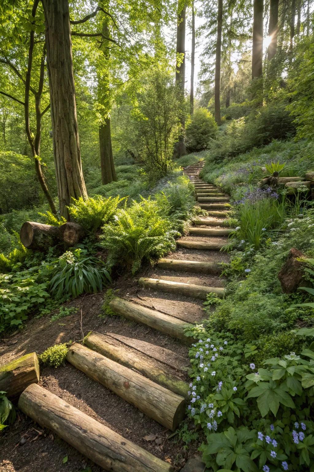 Fallen log pathways that embrace the forest's rustic charm.