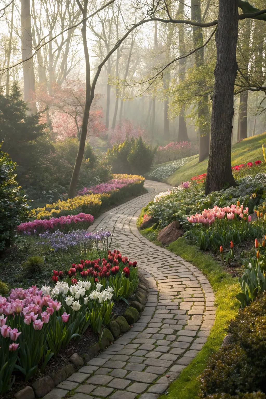 Rustic stone pathways leading through a floral haven.