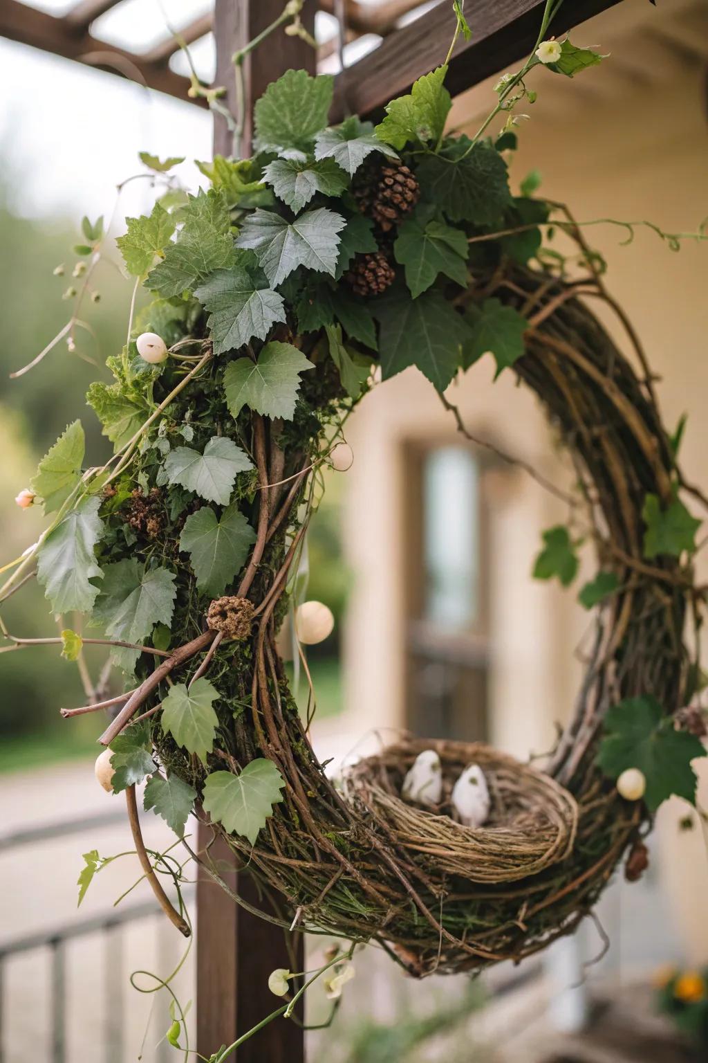 A grapevine nest wreath offering a charming and rustic appearance.