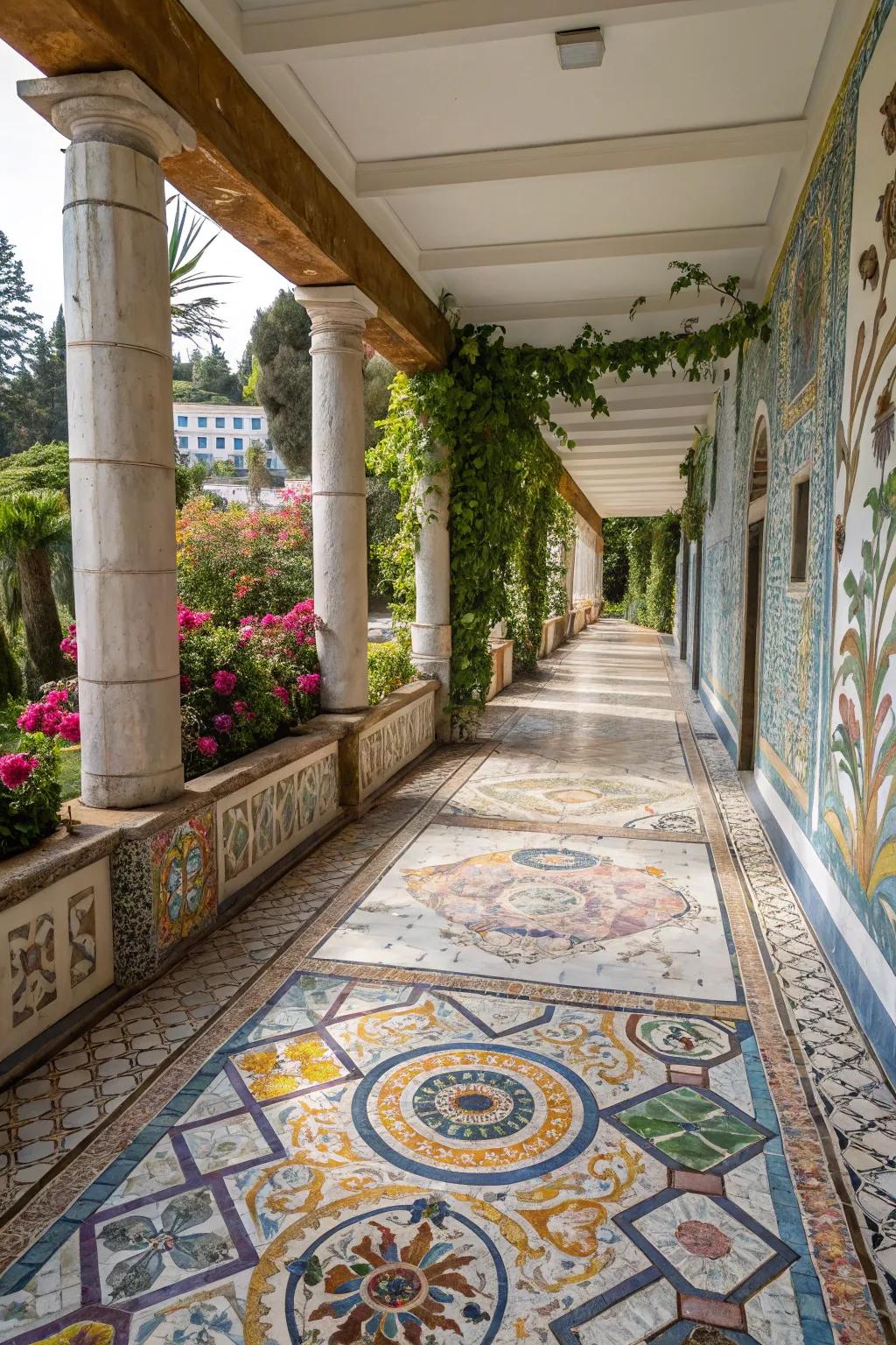 A lively walkway featuring a colorful mosaic tile pattern.