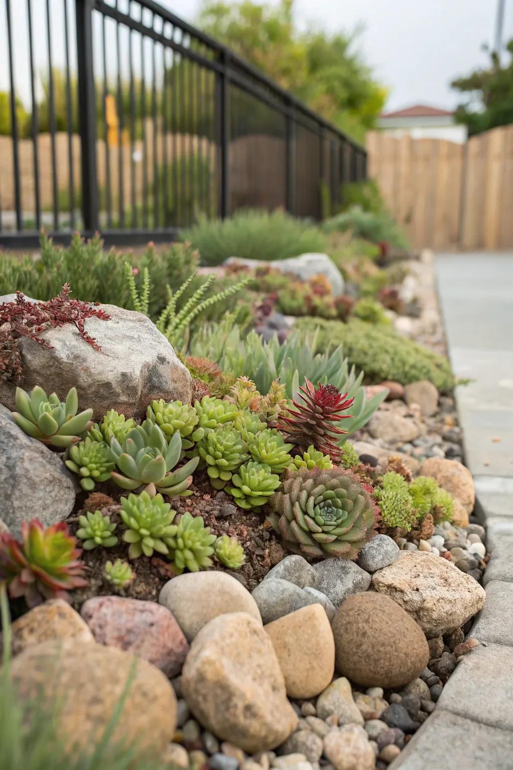 Rock gardens add texture and reduce maintenance needs.