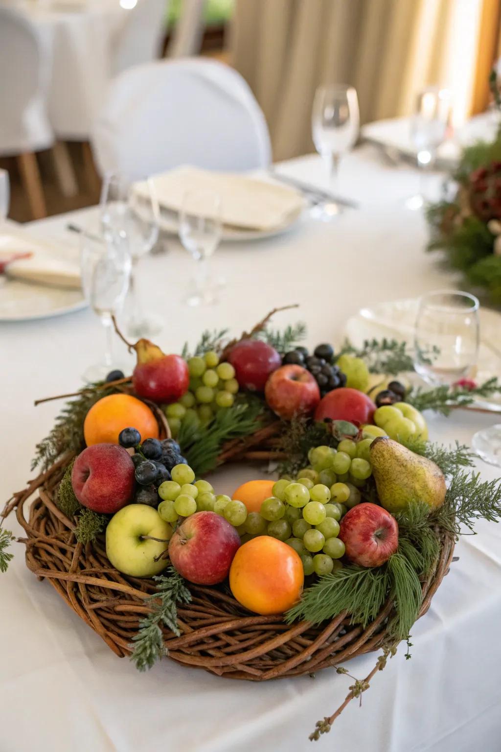 A fruit-adorned grapevine wreath adds elegance to any celebration.