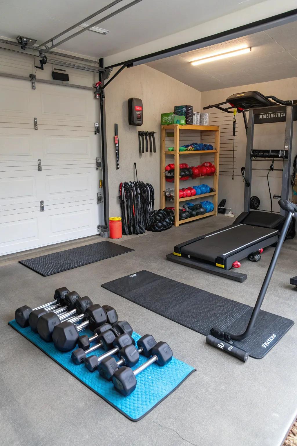 A garage gym setup for convenient at-home workouts.