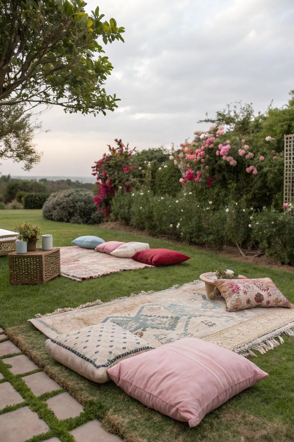 Indoor elements like rugs and cushions bring comfort outdoors.