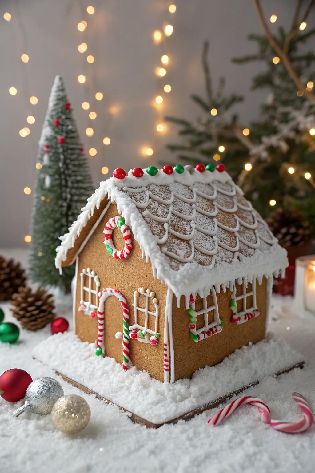 A glittering gingerbread roof with edible sparkle.