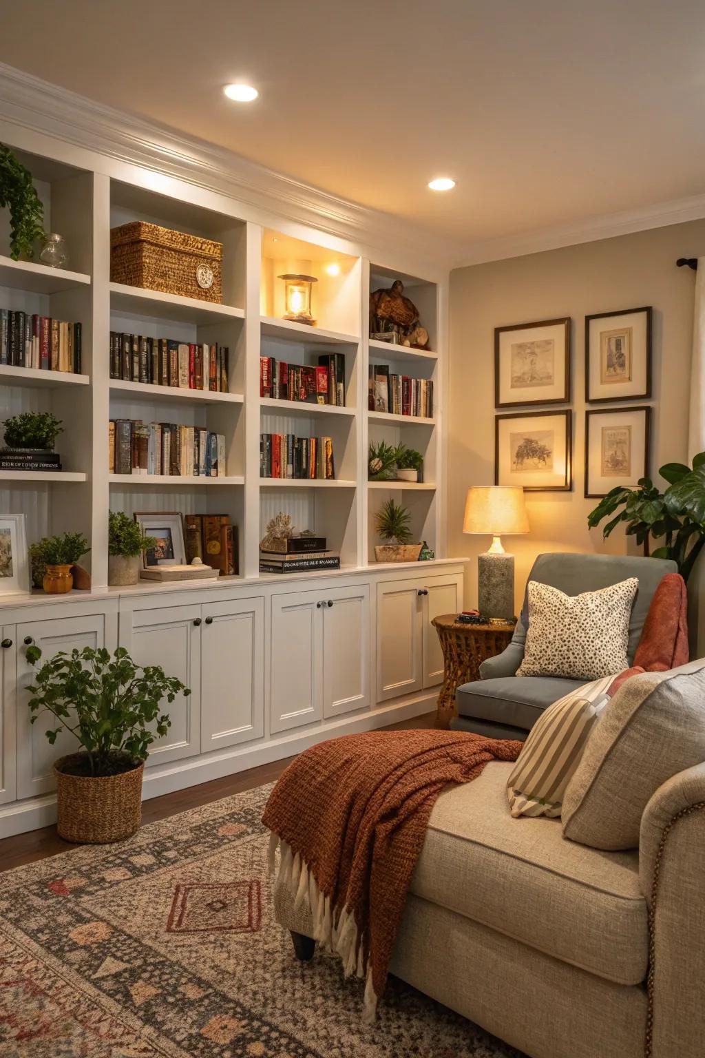 A cozy living room nook with built-in bookshelves.