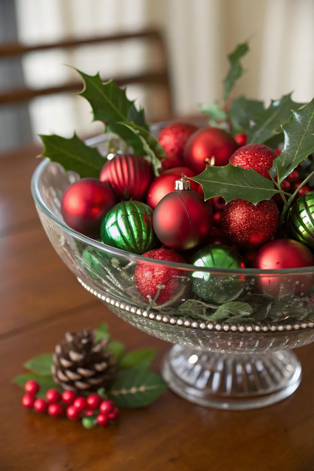 A classic red and green Christmas display in a glass bowl.