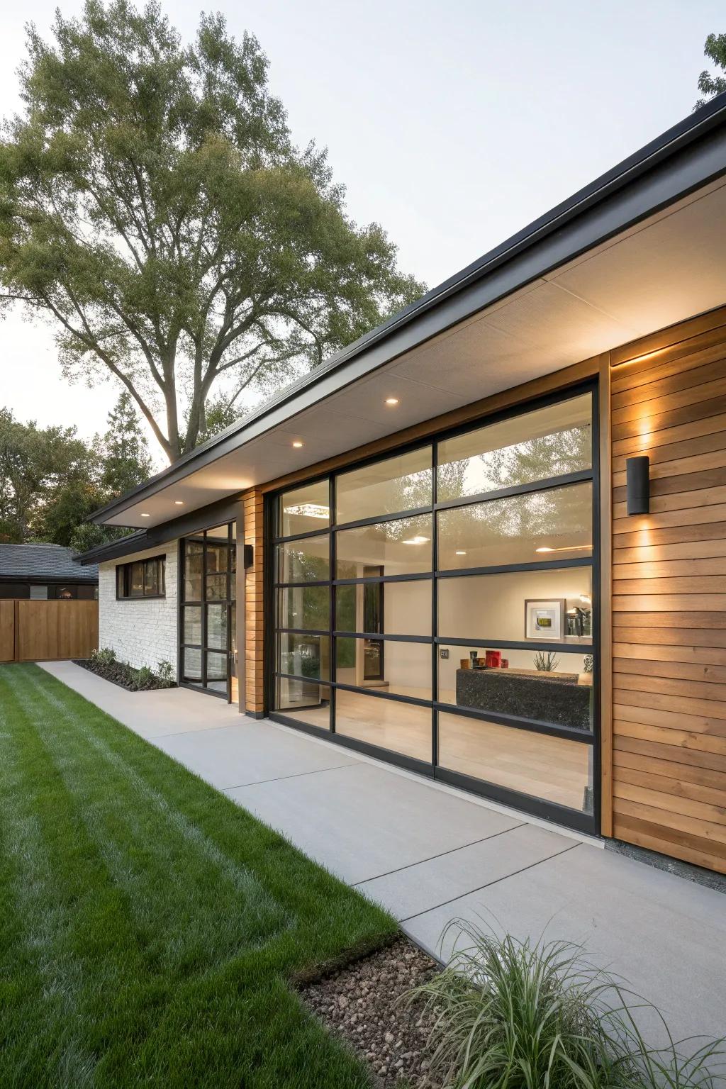 A mid-century modern home with a stylish glass garage door.