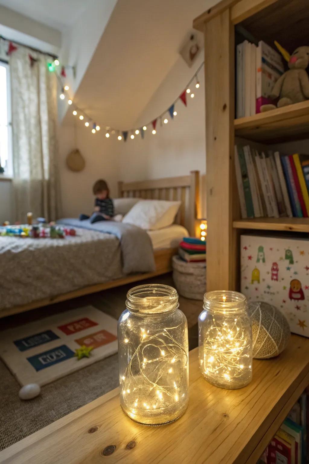 Jar night lights provide comfort and charm in children's rooms.