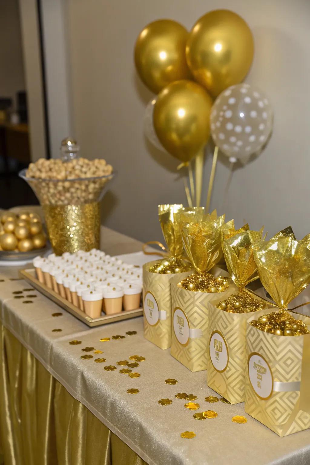 Gold-themed party favors are a thoughtful way to thank guests.