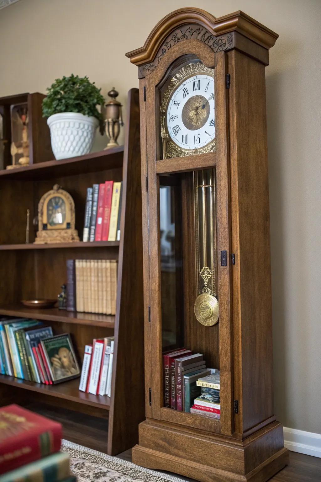 A non-working grandfather clock gains new life as a functional shelf.