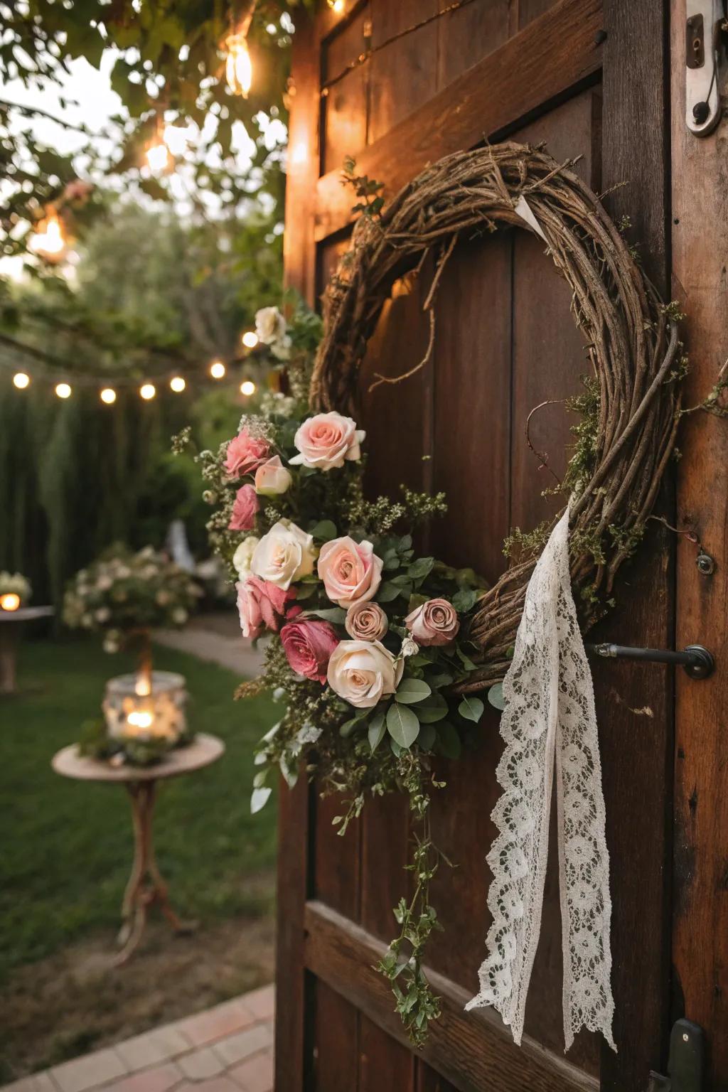 A romantic grapevine wreath with roses and lace.