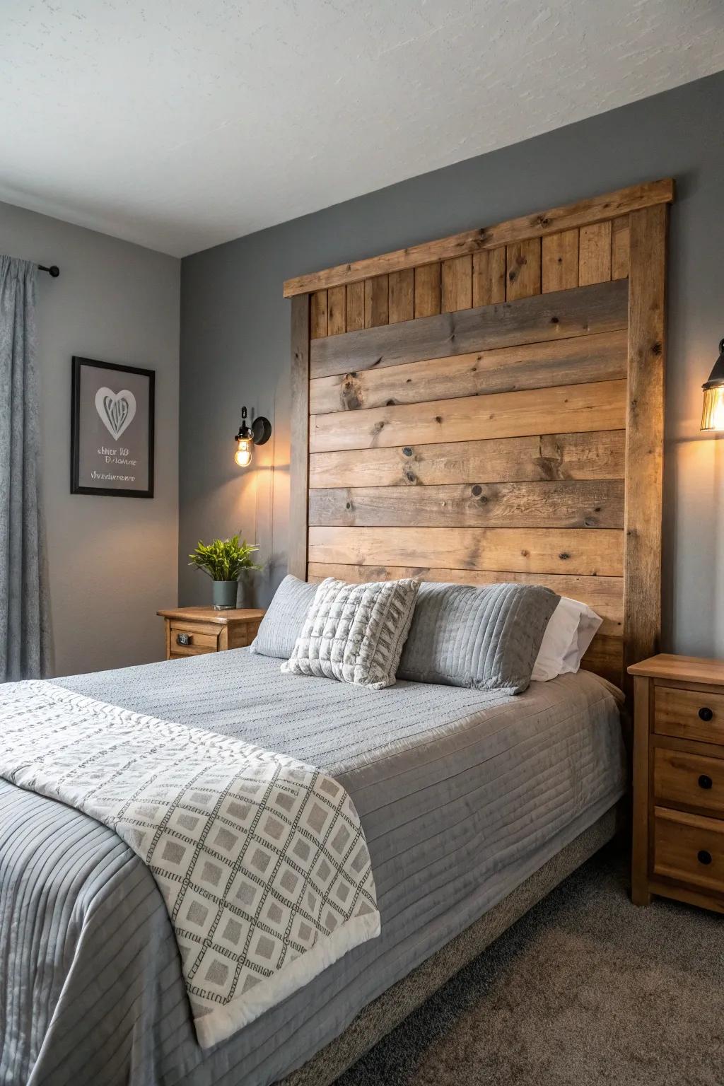 A cozy gray bedroom with charming rustic textures.