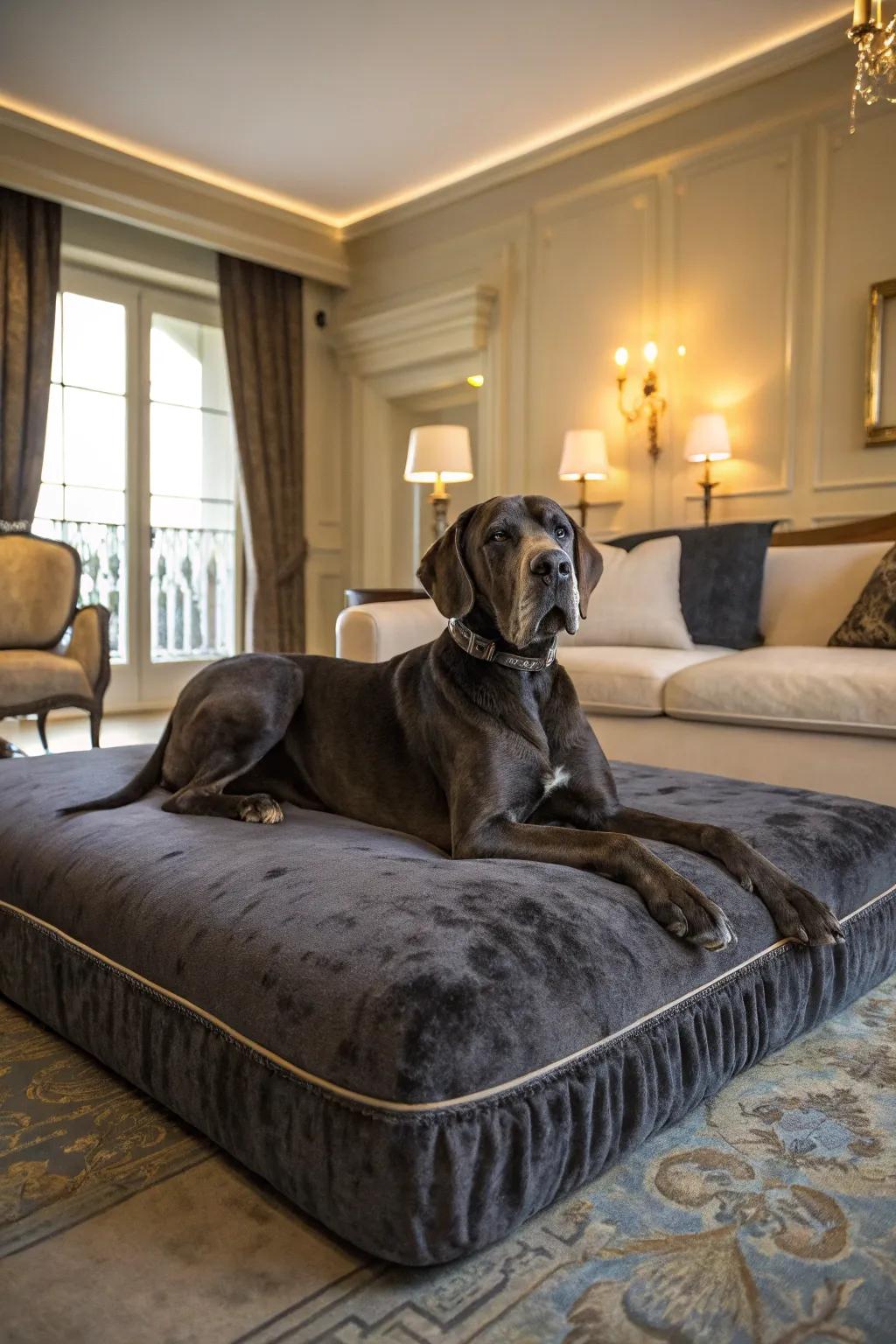 Velvet-covered beds offer a touch of luxury and comfort for your Great Dane.