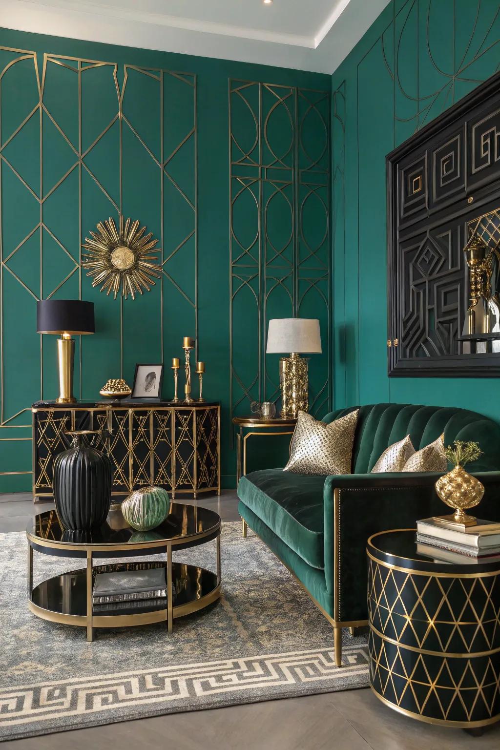 Teal green walls bring art deco glamour to this space.