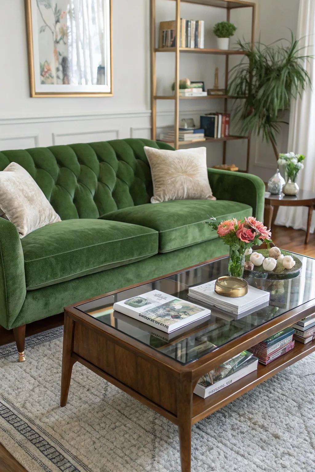 A mid-century modern living room with a green velvet couch and retro elements.