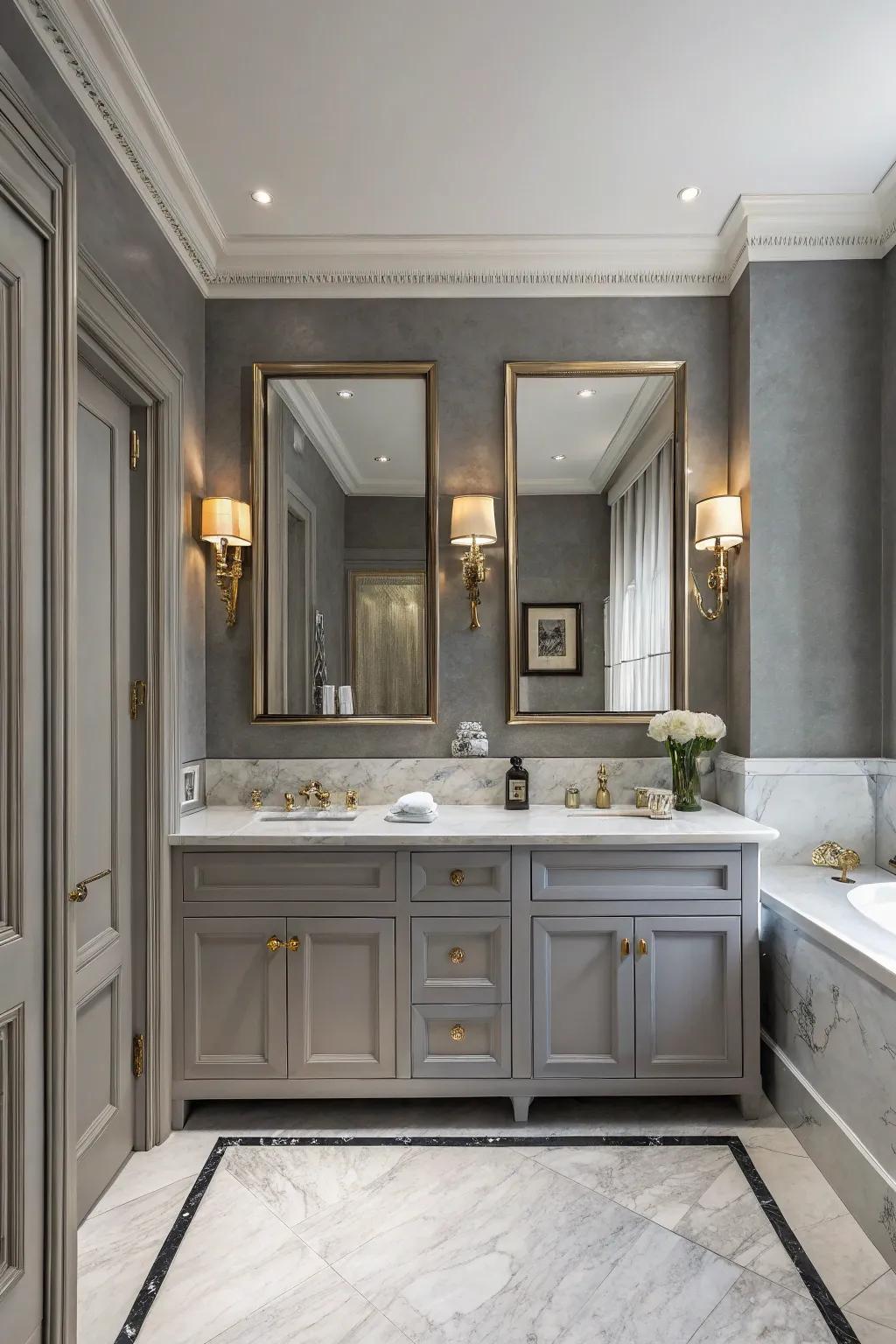 Ash grey walls provide a sophisticated backdrop in this elegantly designed bathroom.