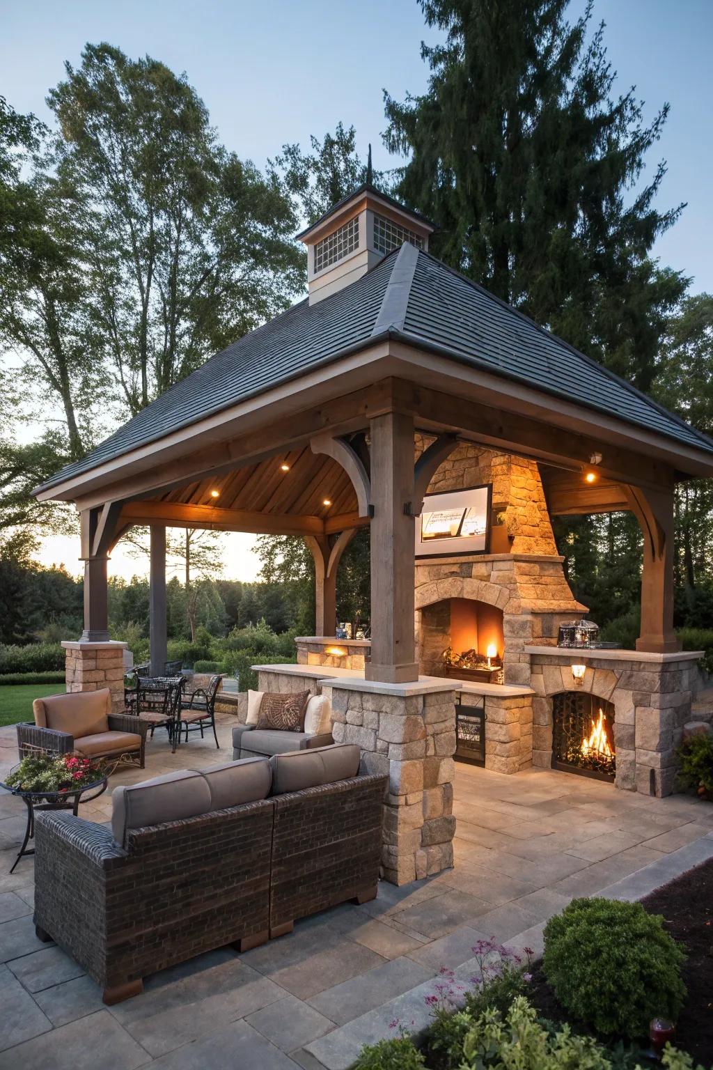 Gather around a warm fireplace with a cozy pavilion design.