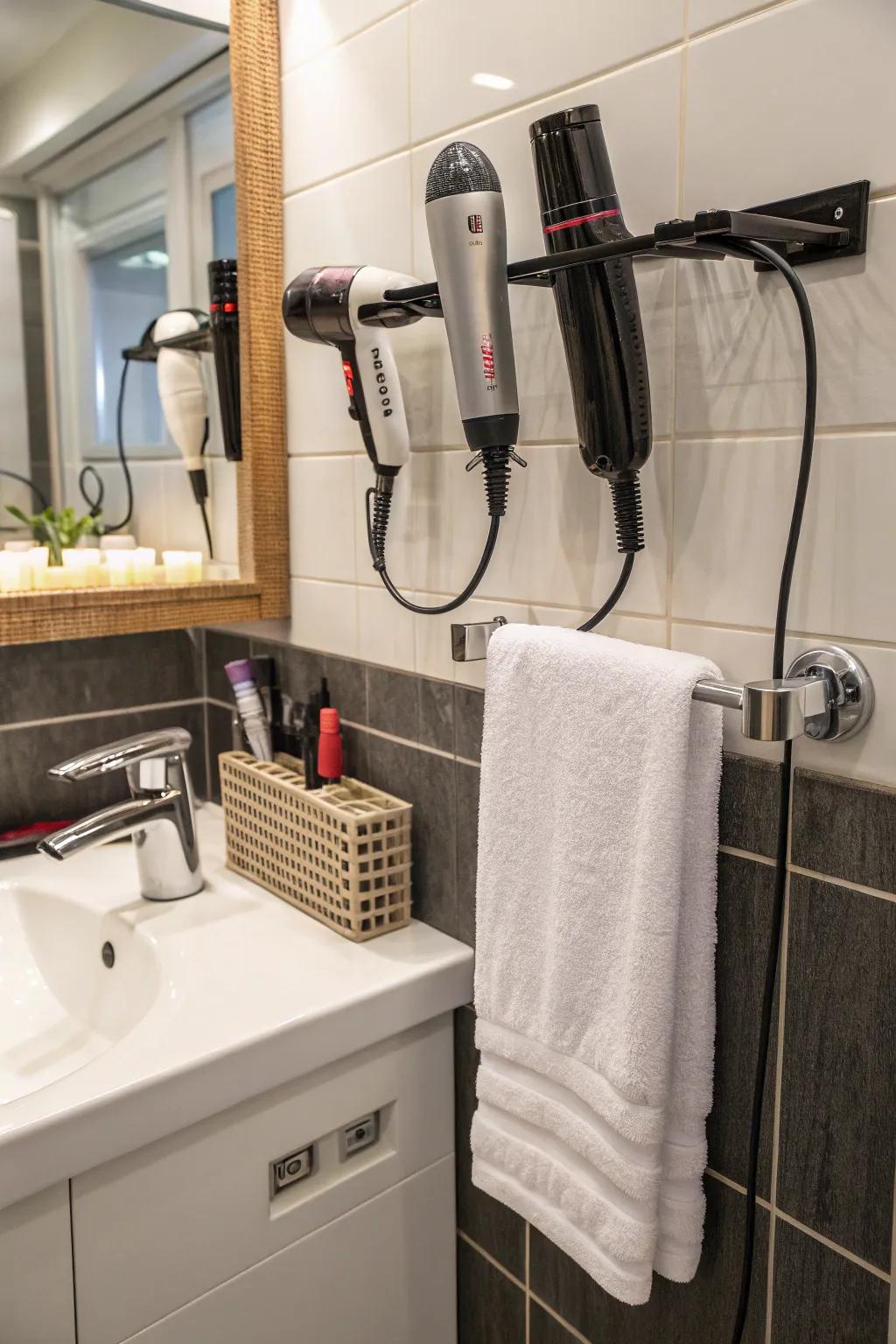 Space-saving towel bar attachments for efficient tool storage.