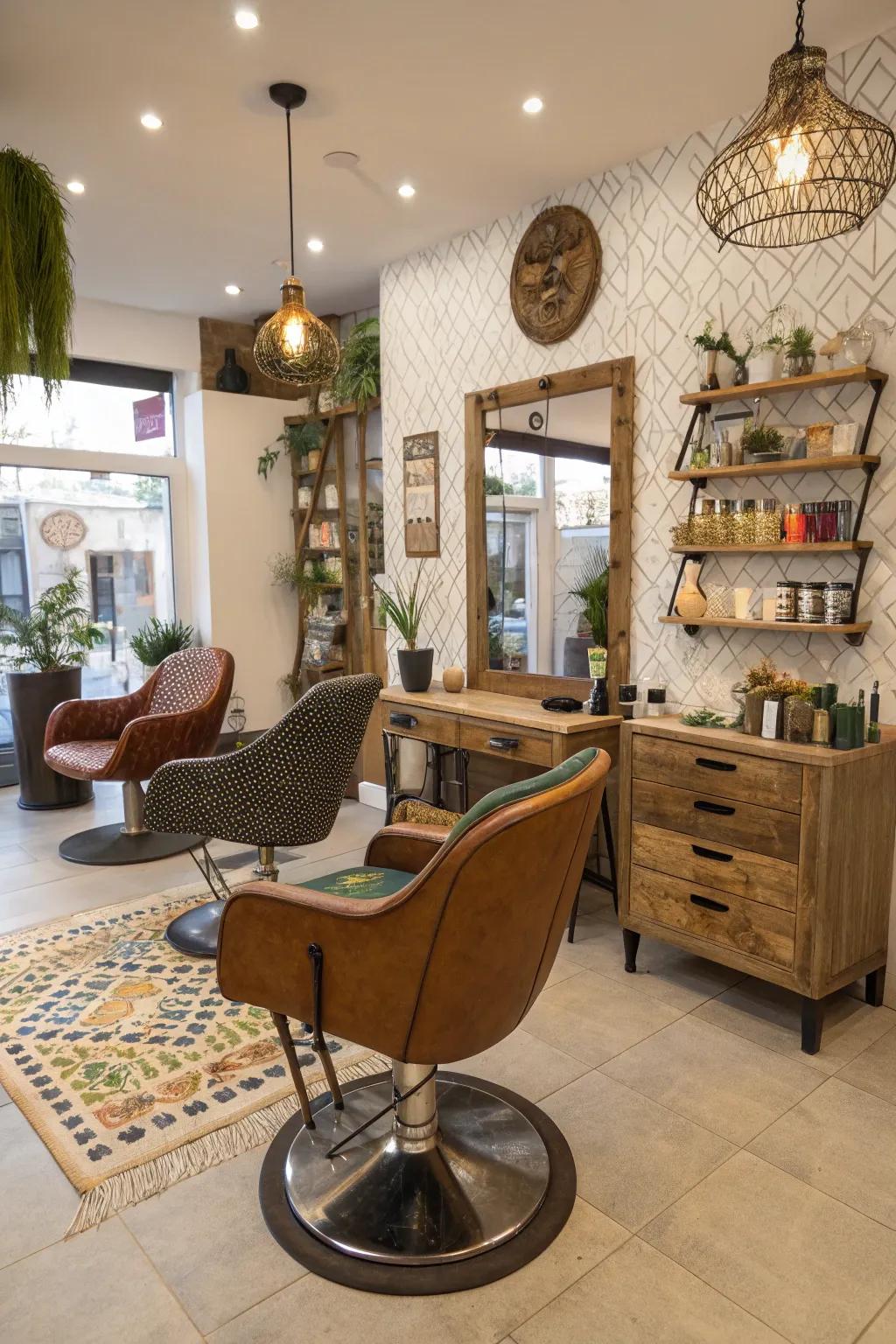 Upcycled furniture adds charm and character to your salon.