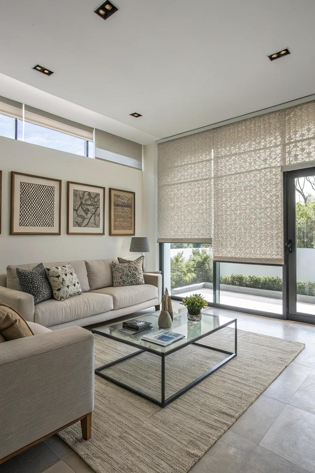 Modern living room with textured roller shades.