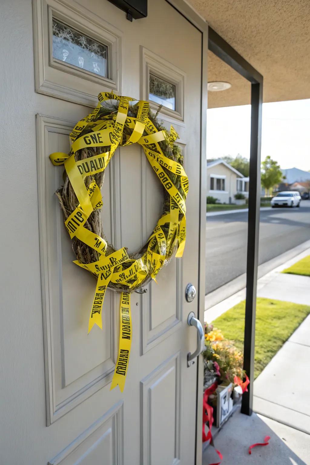 A unique Halloween wreath crafted from caution tape.