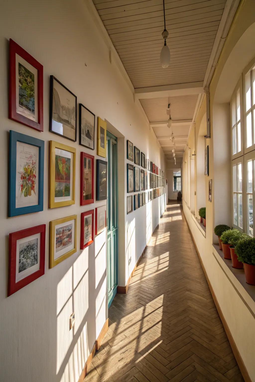 Colored frames add a playful and dynamic twist to hallway art.