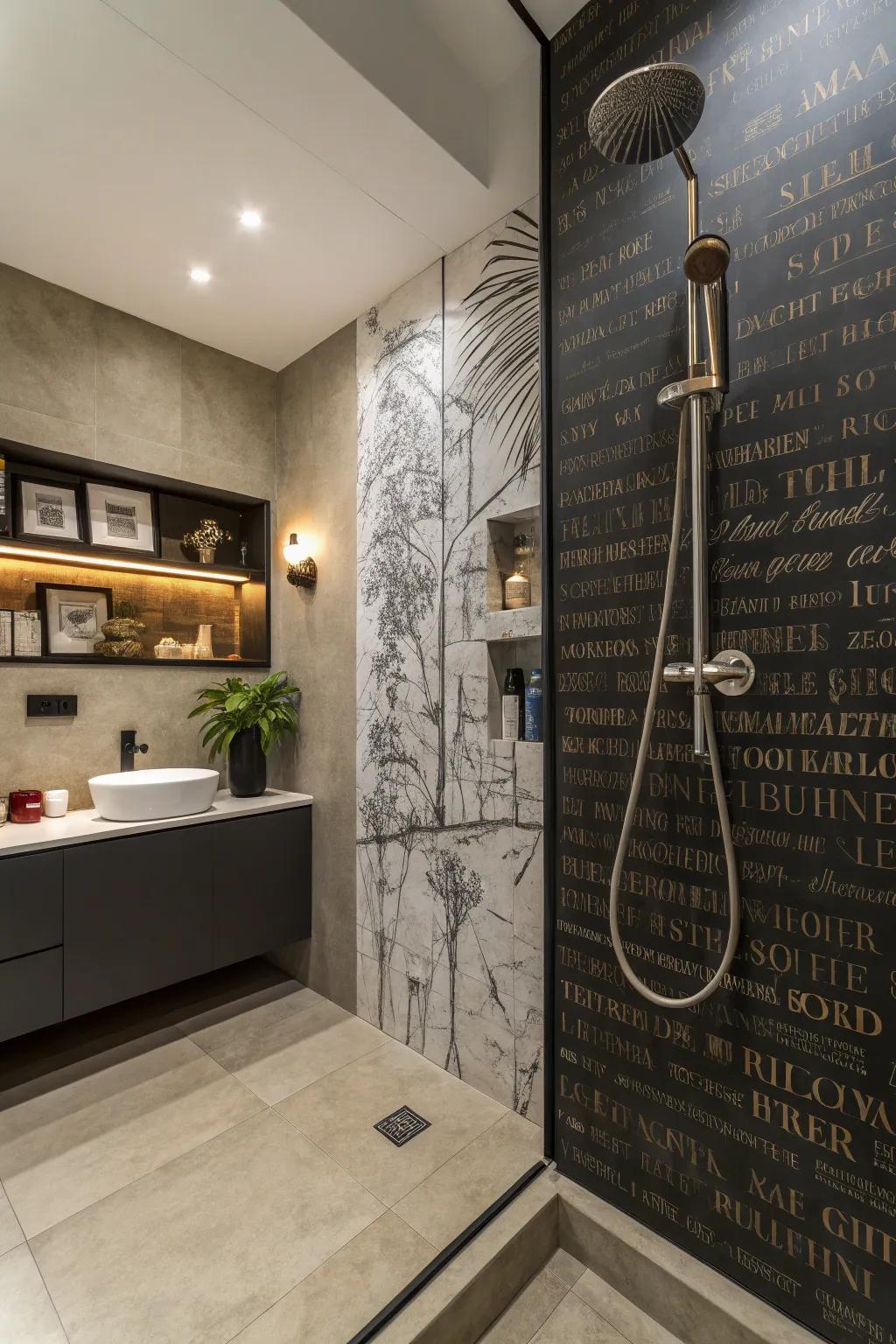 Turn your hand shower into an artistic centerpiece with a statement wall.