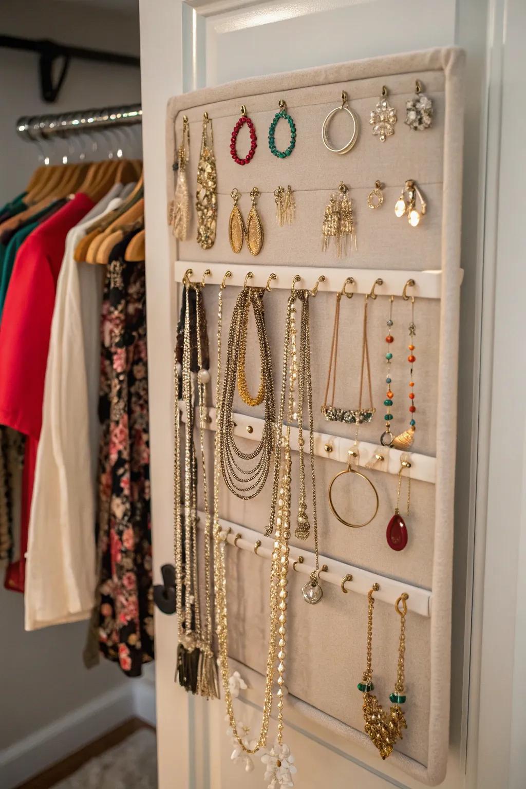 Keep jewelry neat and accessible with a hanging organizer.