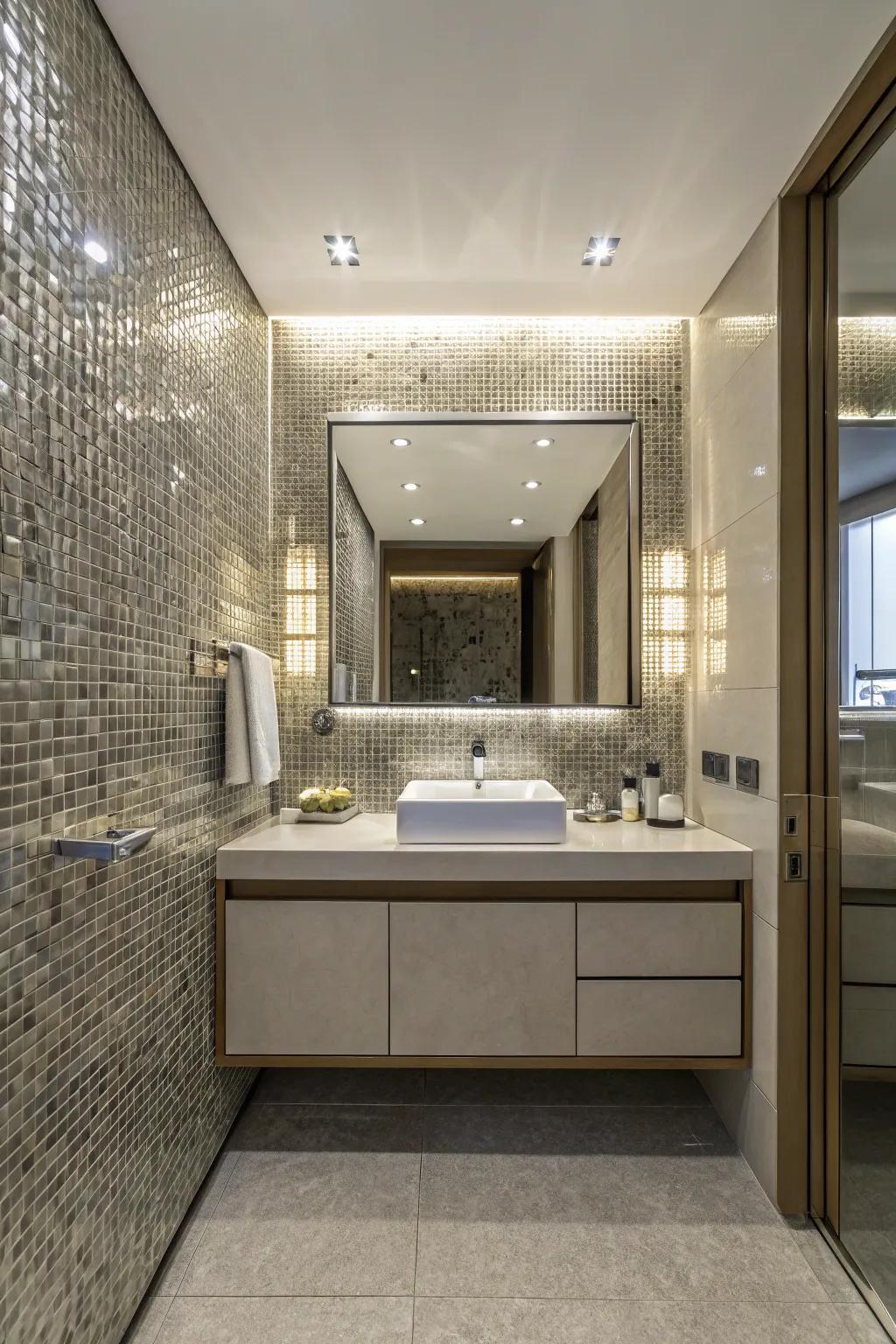 A mirrored mosaic providing hidden storage in a bathroom.