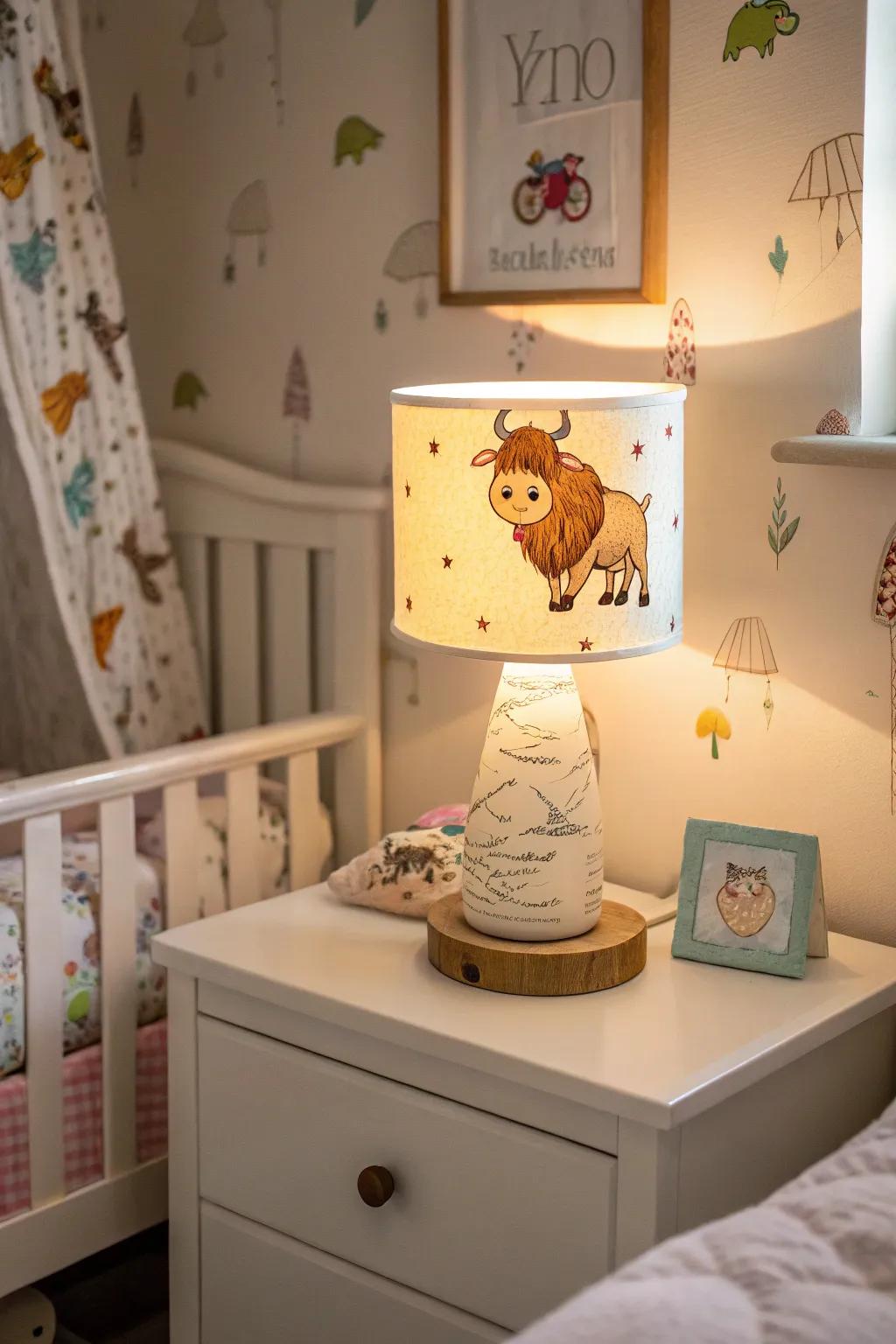 Themed lamps add whimsy and warmth to the nursery.