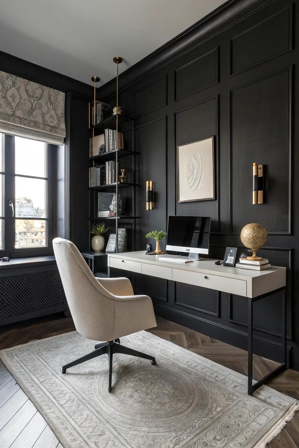 Black walls create a dramatic and elegant atmosphere in this chic home office.