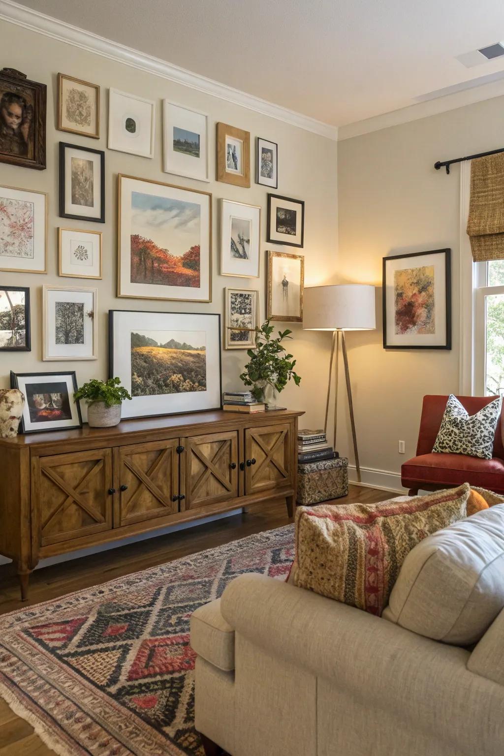 A gallery wall adding personality and style to a living room.