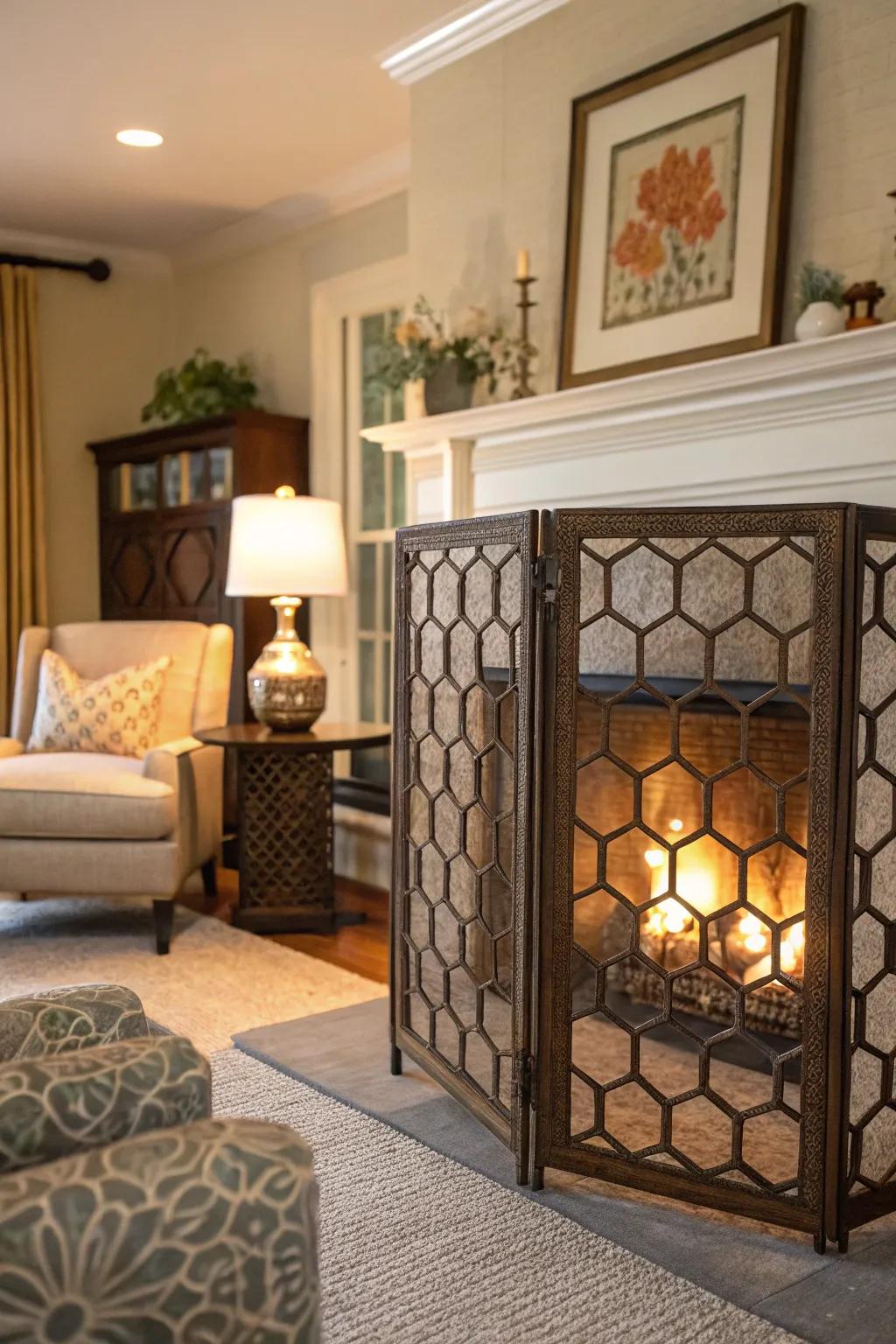 Add a modern touch to your fireplace with a honeycomb screen.