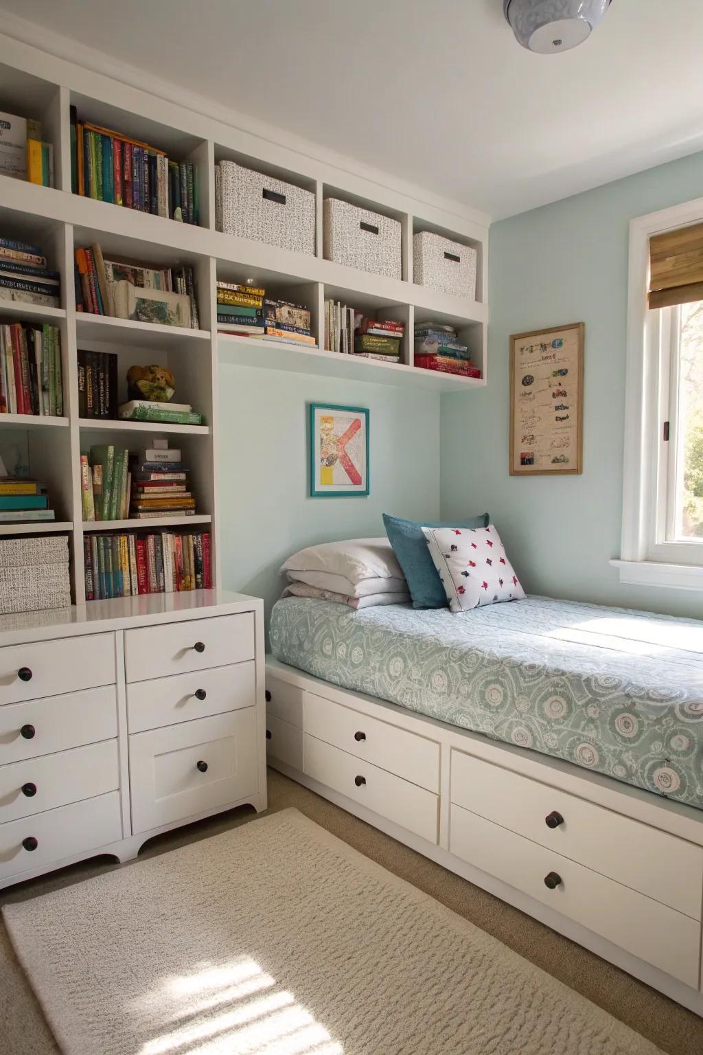 An organized small bedroom with stylish storage solutions for a serene atmosphere.