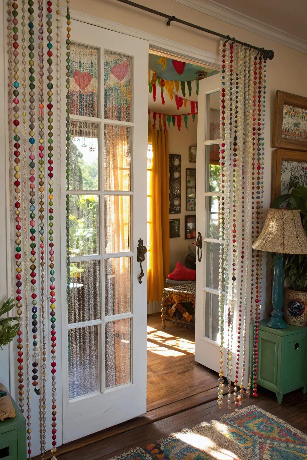 Beaded curtains bring an eclectic and playful vibe to French doors.