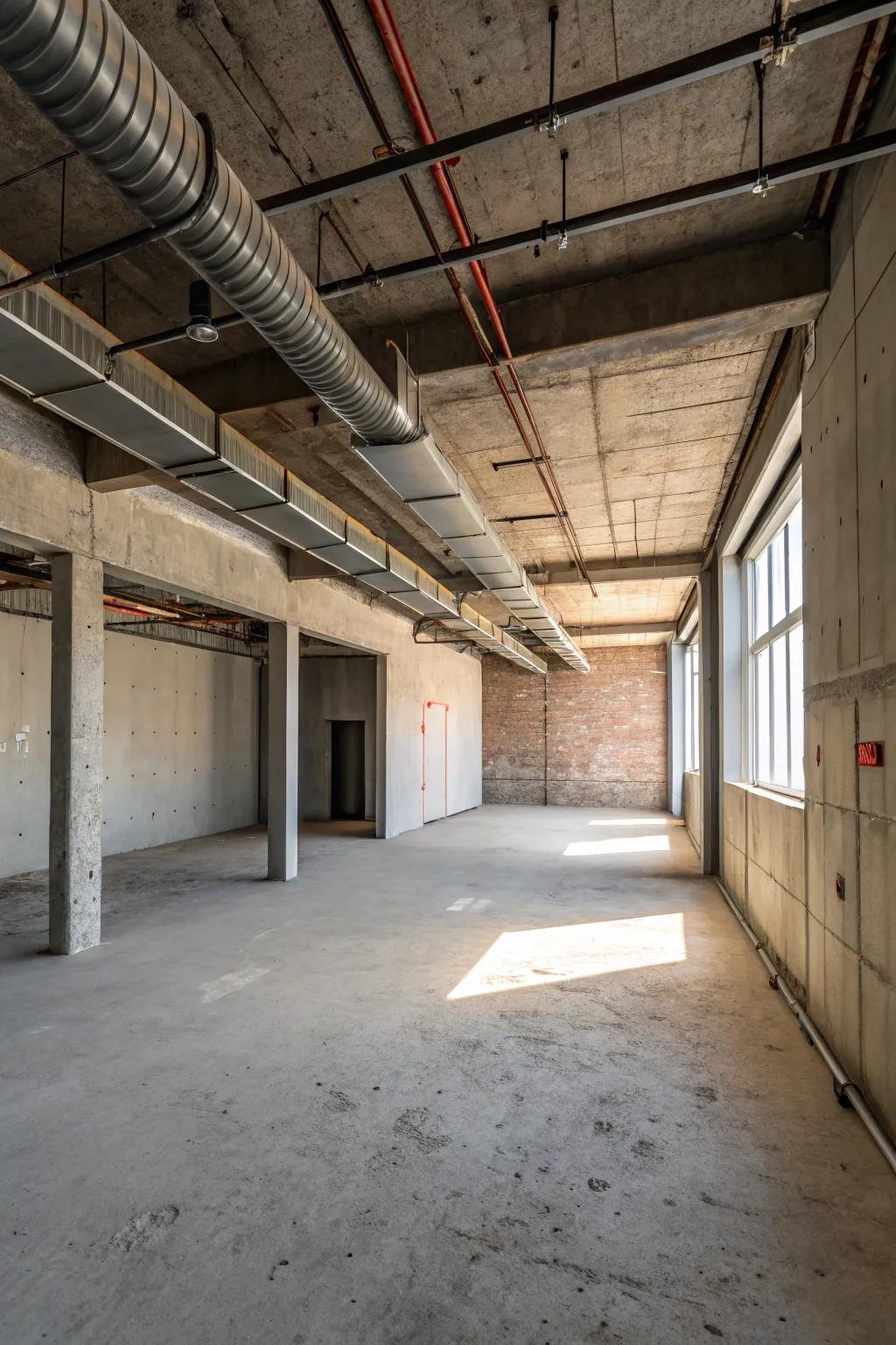 An industrial-style room featuring exposed ductwork on the ceiling.