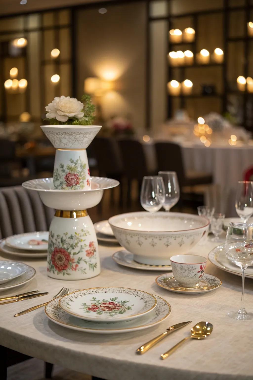 A dining table featuring an artistic centerpiece made of assorted china pieces.